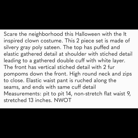 It Inspired Silver Gray Sateen Clown Costume w/Lace Cuffs/Hens and 2 Fur PomPoms - Picture 11 of 11